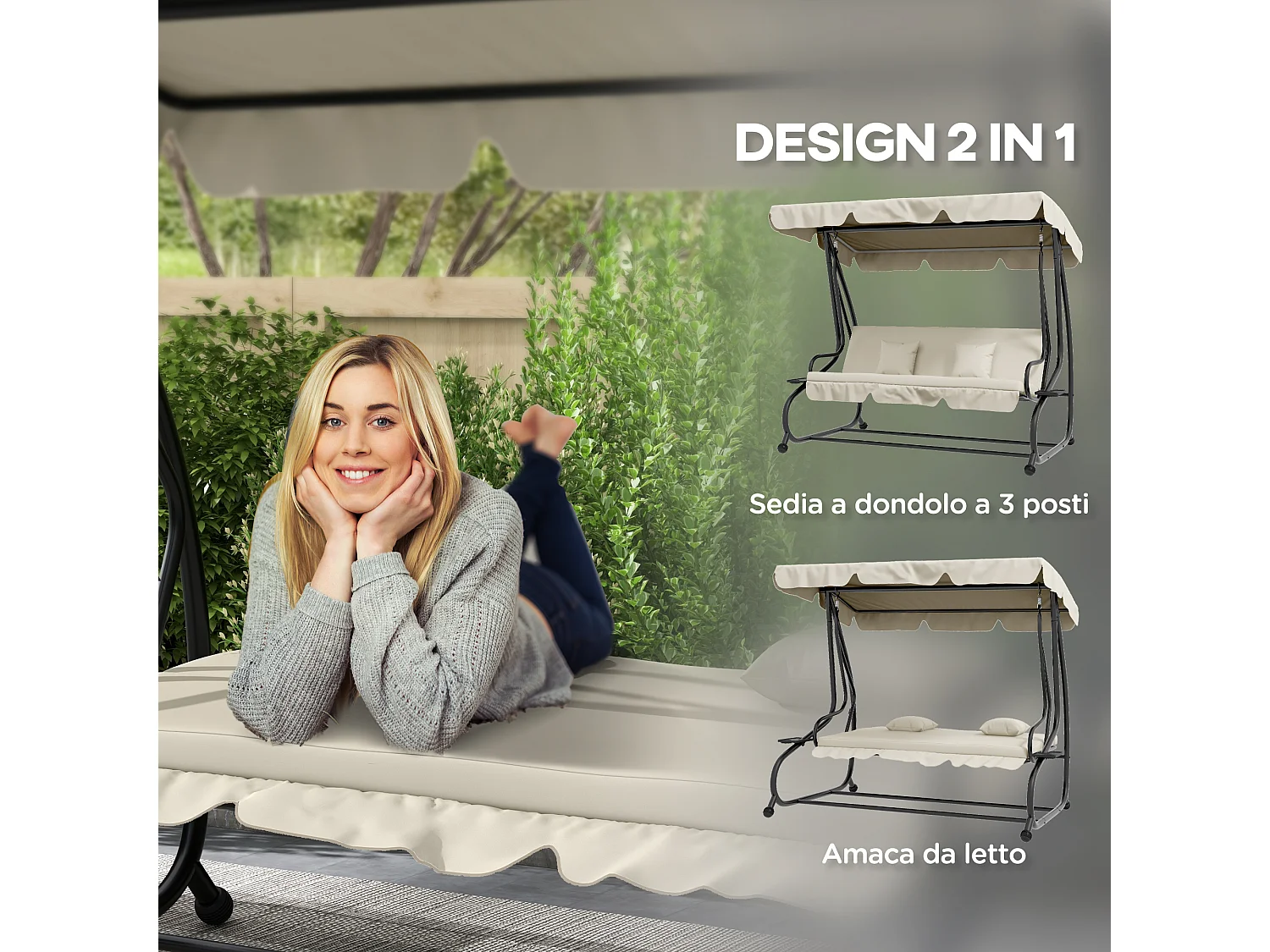 Dondolo letto da giardino regolabile con portabicchieri crema