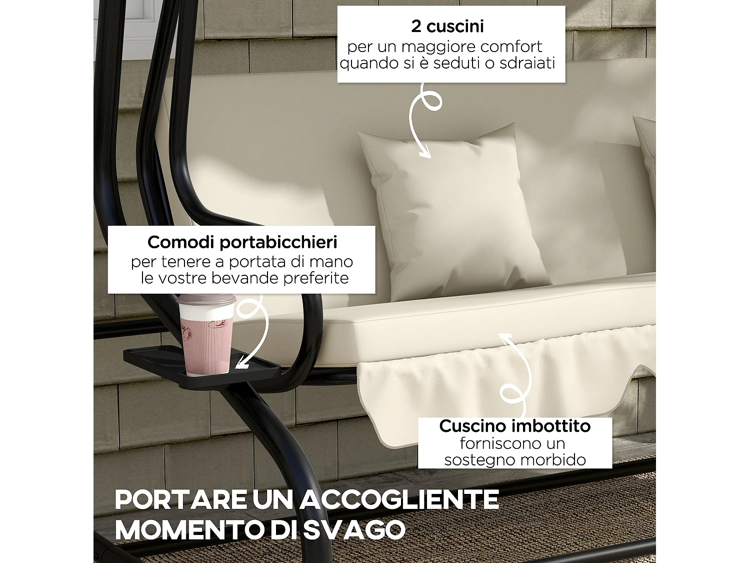 Dondolo letto da giardino regolabile con portabicchieri crema