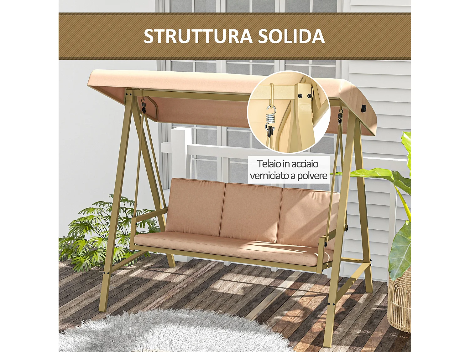 Dondolo 3 posti con tettuccio inclinabile e cuscini beige e marrone