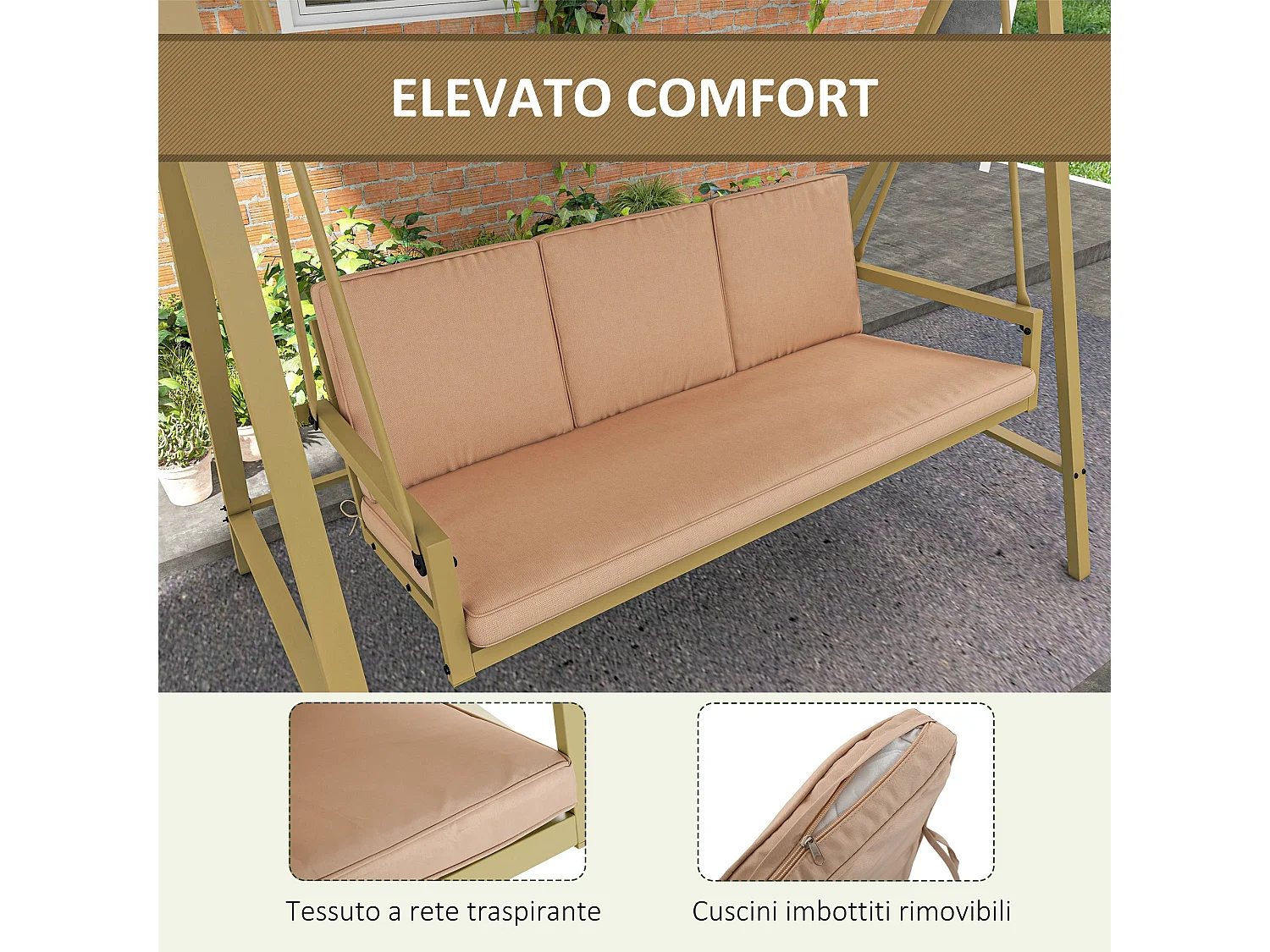 Dondolo 3 posti con tettuccio inclinabile e cuscini beige e marrone