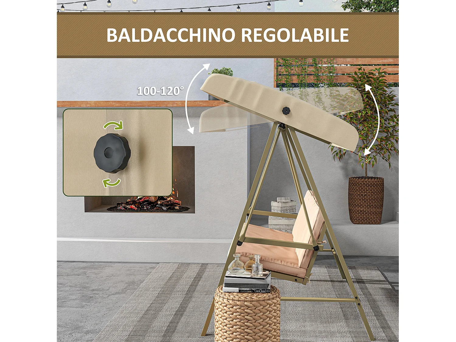 Dondolo 3 posti con tettuccio inclinabile e cuscini beige e marrone