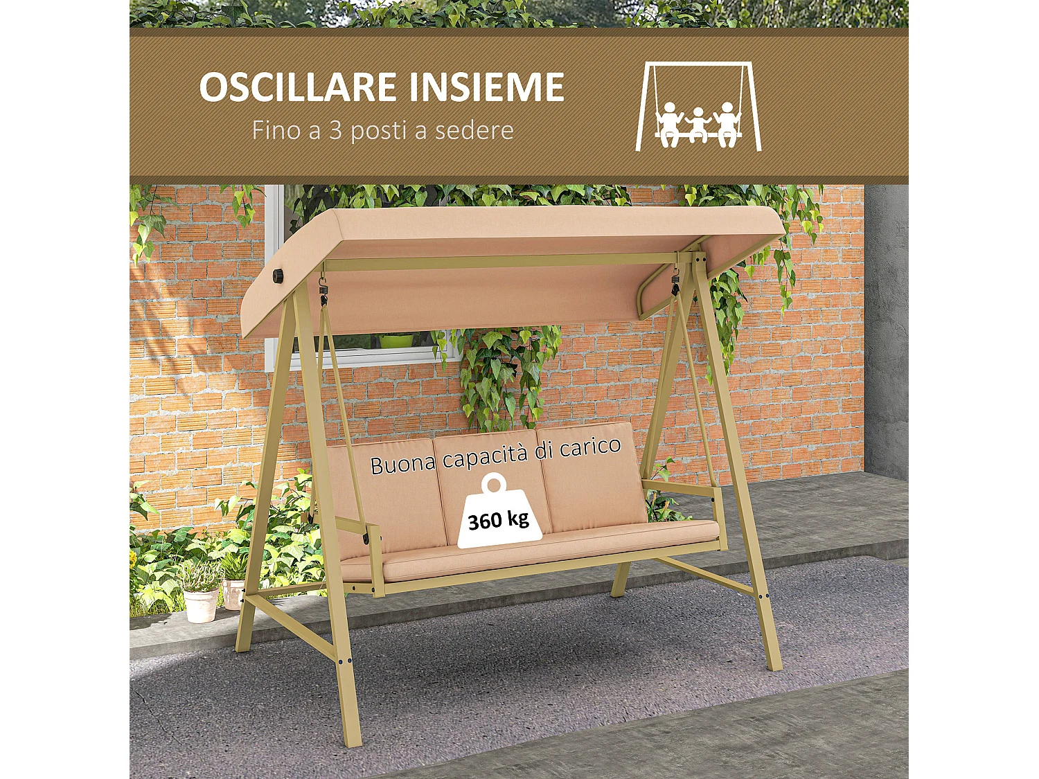 Dondolo 3 posti con tettuccio inclinabile e cuscini beige e marrone