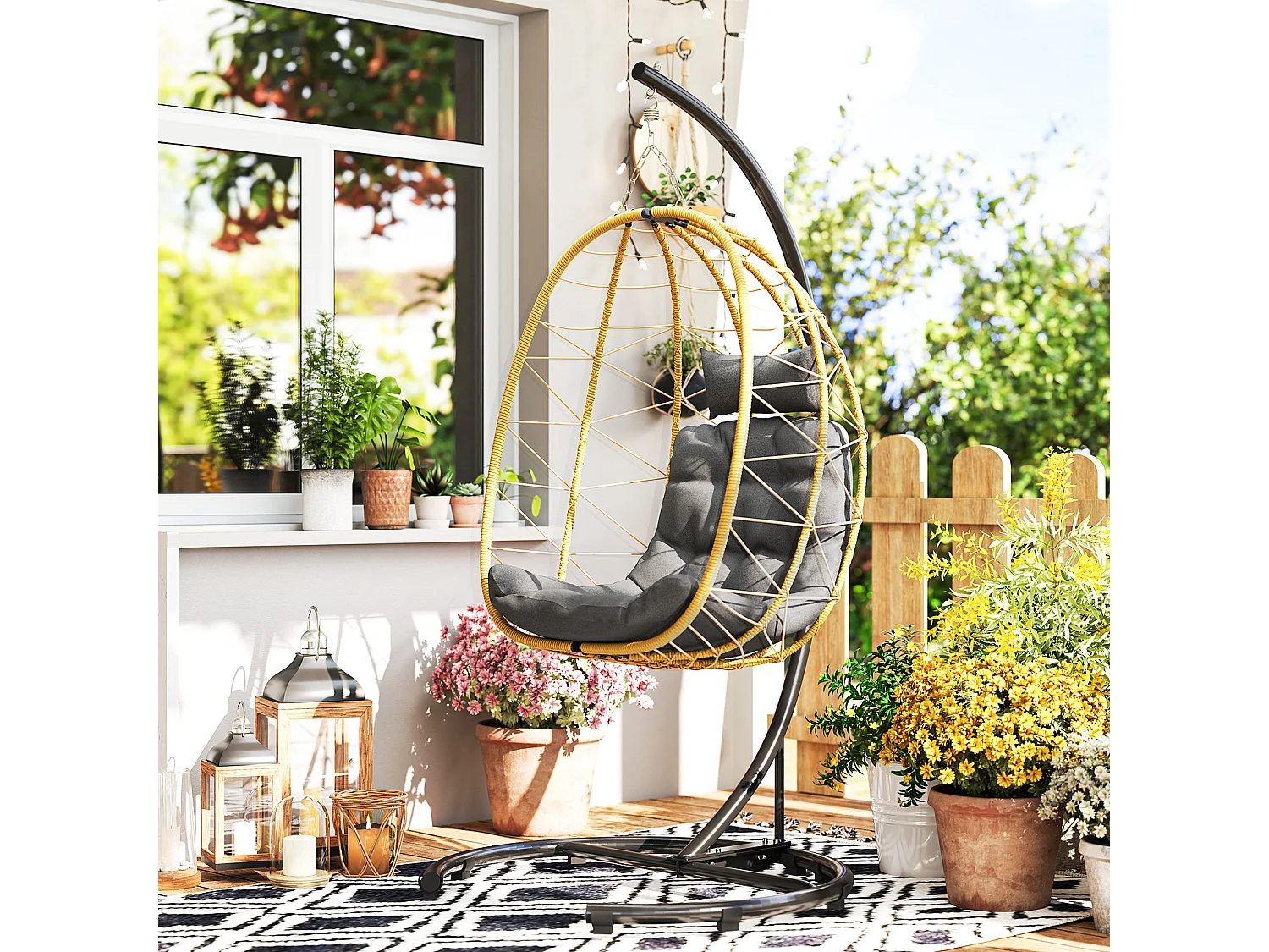 Poltrona sospesa 150kg max in acciaio e rattan pe nero grigio beige