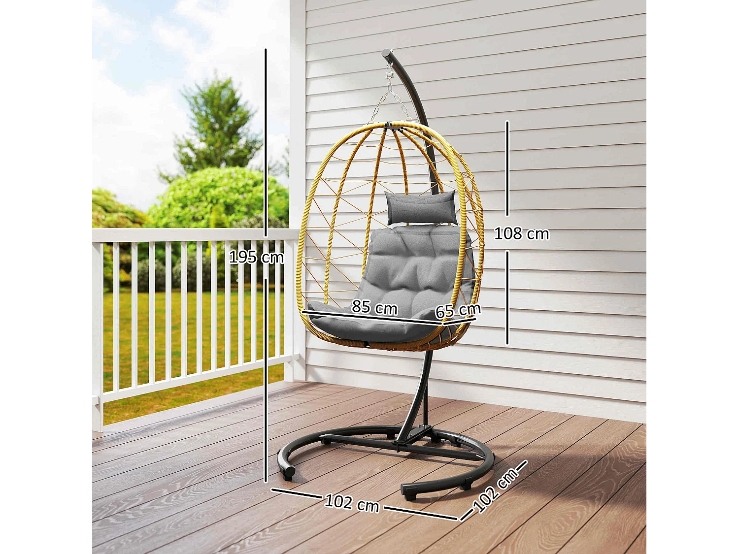 Poltrona sospesa 150kg max in acciaio e rattan pe nero grigio beige