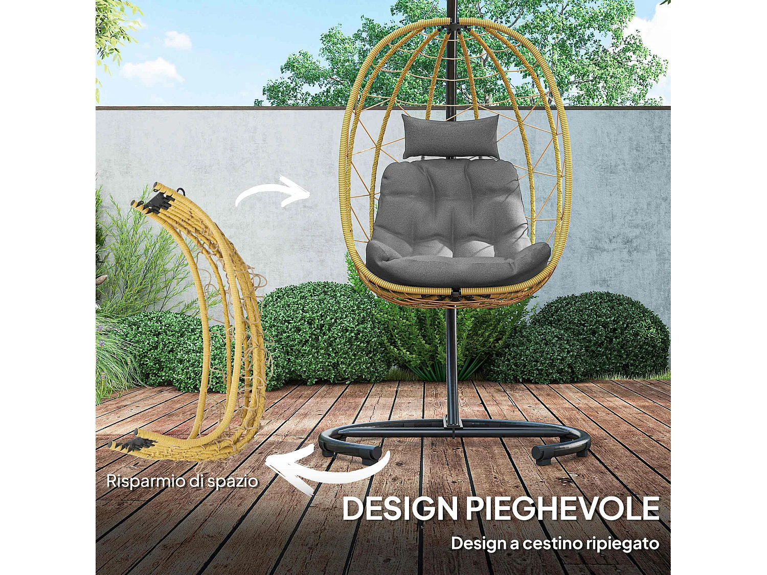 Poltrona sospesa 150kg max in acciaio e rattan pe nero grigio beige