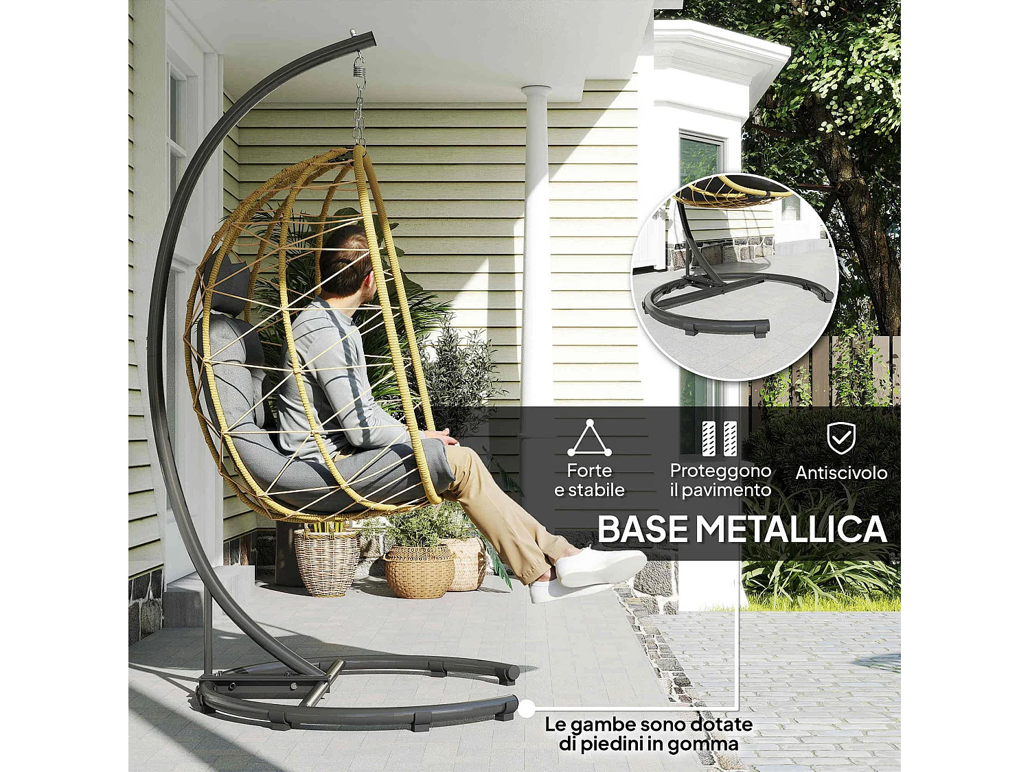 Poltrona sospesa 150kg max in acciaio e rattan pe nero grigio beige