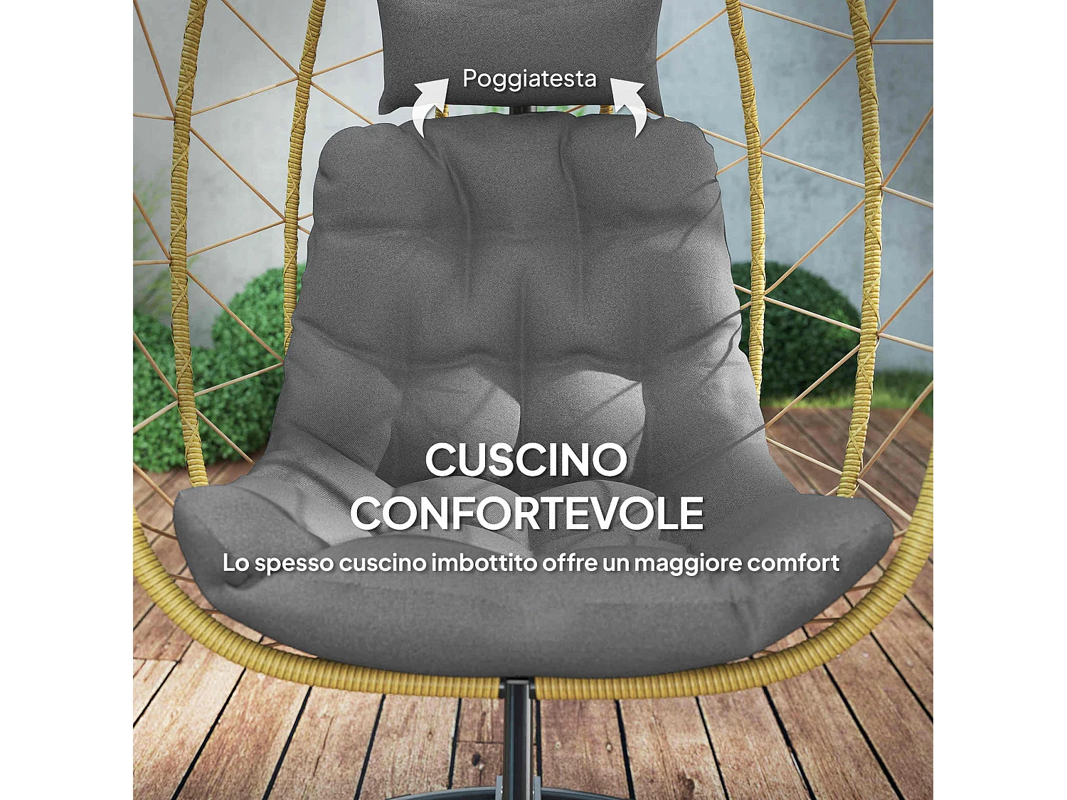 Poltrona sospesa 150kg max in acciaio e rattan pe nero grigio beige