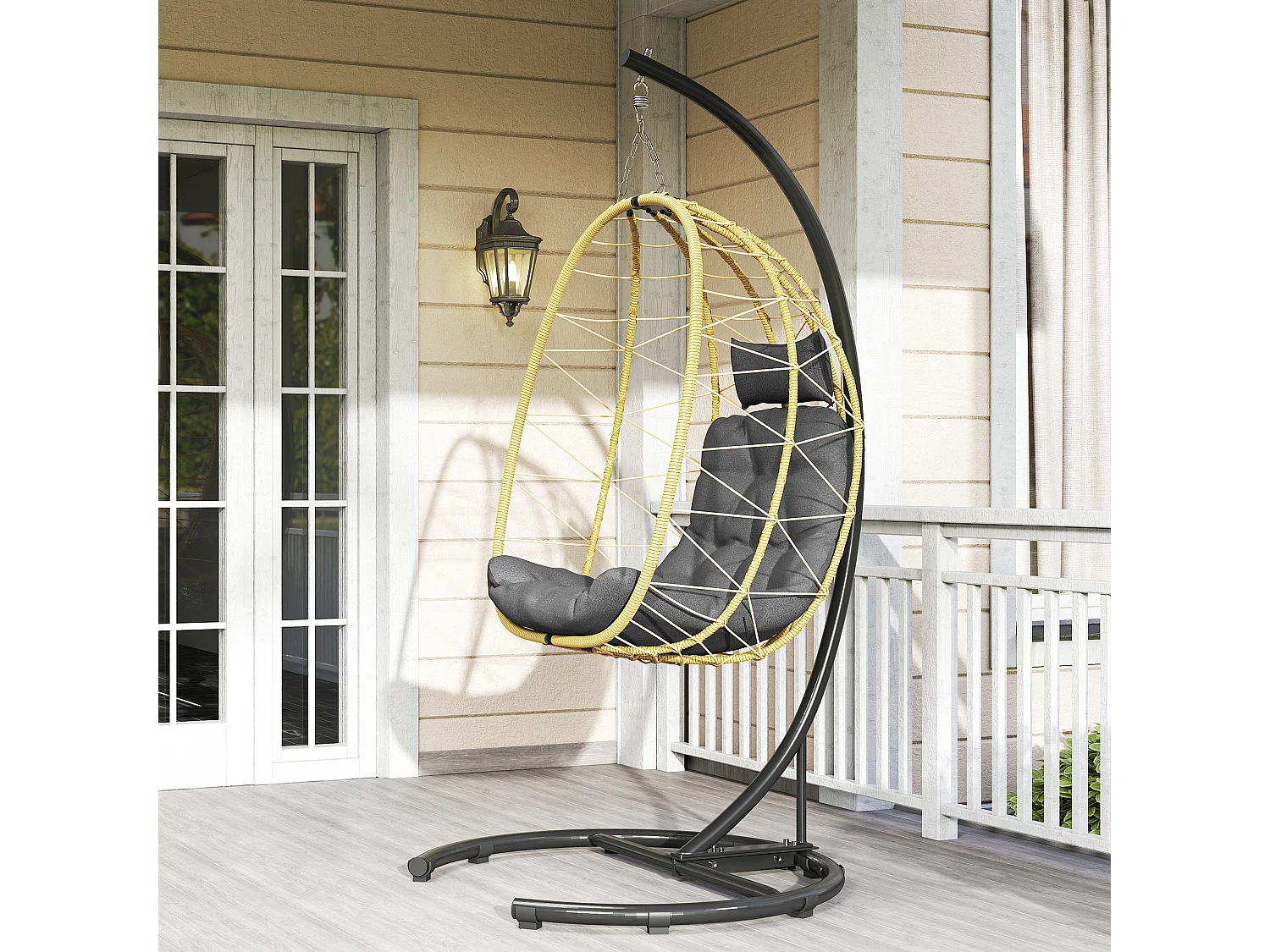 Poltrona sospesa 150kg max in acciaio e rattan pe nero grigio beige