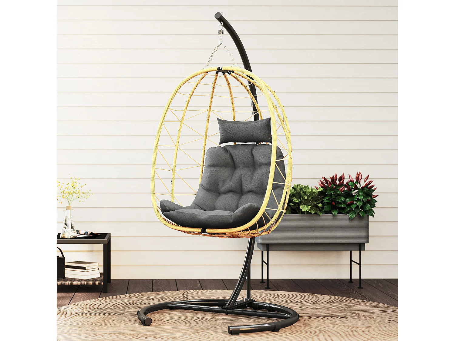 Poltrona sospesa 150kg max in acciaio e rattan pe nero grigio beige