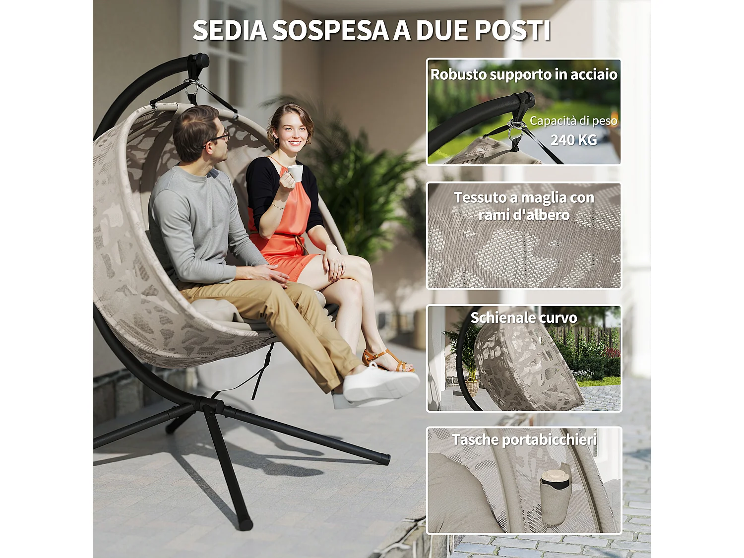Poltrona sospesa 2 posti con 2 tasche portaoggetti e cesto