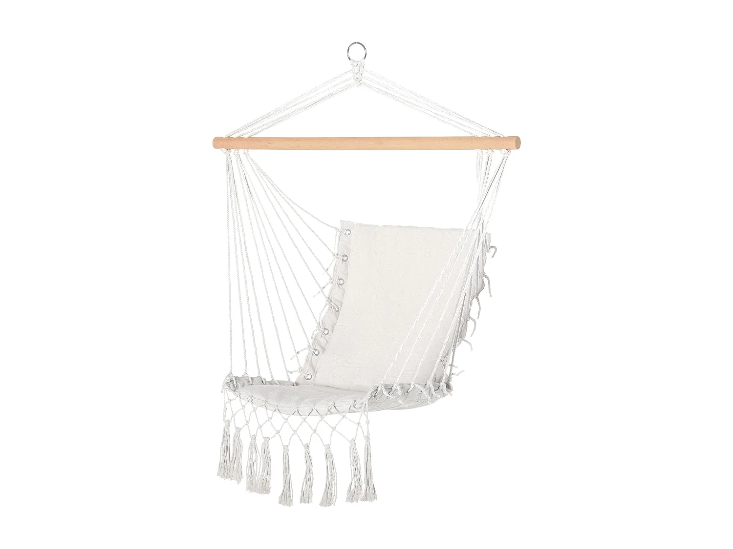 Sedia sospesa da interno ed esterno in tessuto con nappe crema