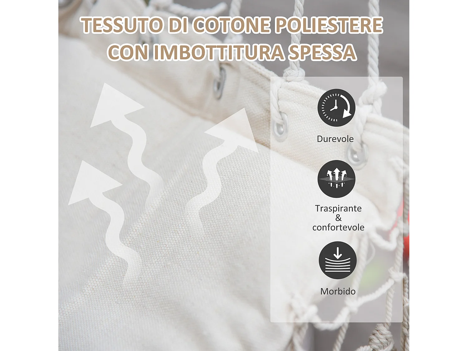 Sedia sospesa da interno ed esterno in tessuto con nappe crema