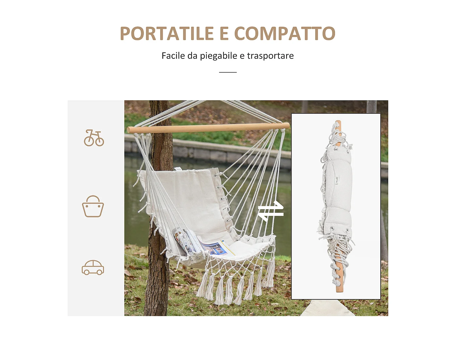 Sedia sospesa da interno ed esterno in tessuto con nappe crema