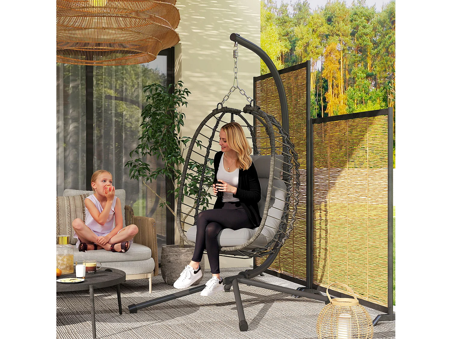 Sedia sospesa a uovo con cuscino e altezza regolabile in rattan grigio