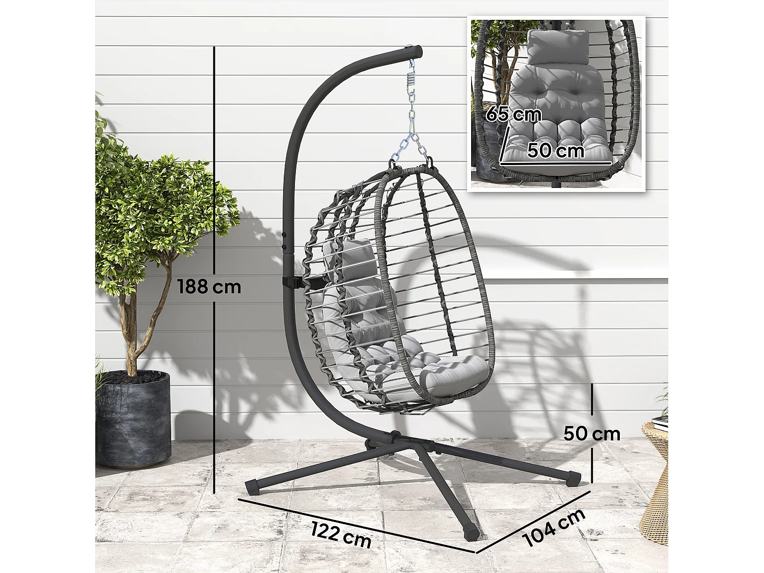 Sedia sospesa a uovo con cuscino e altezza regolabile in rattan grigio