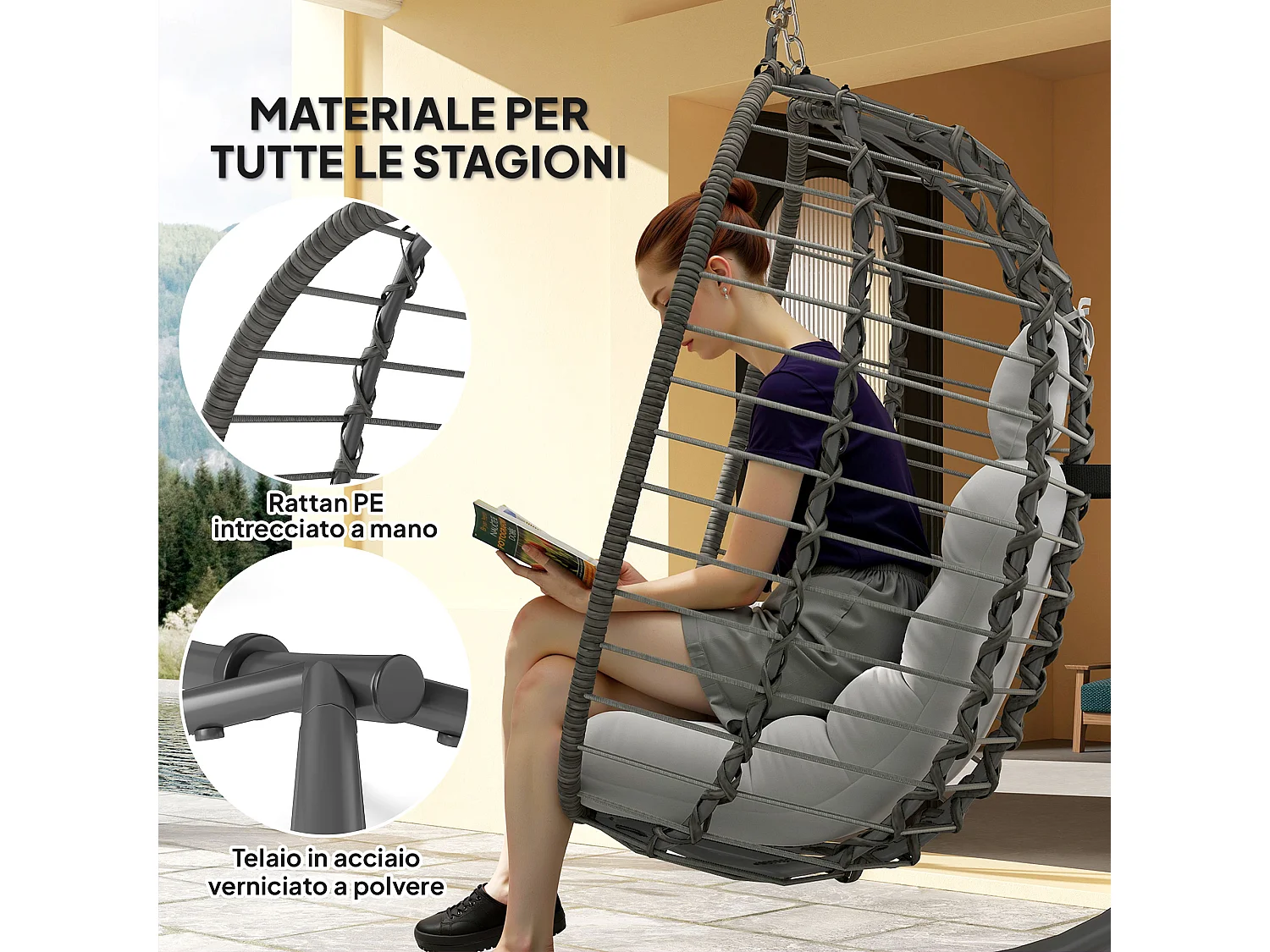 Sedia sospesa a uovo con cuscino e altezza regolabile in rattan grigio