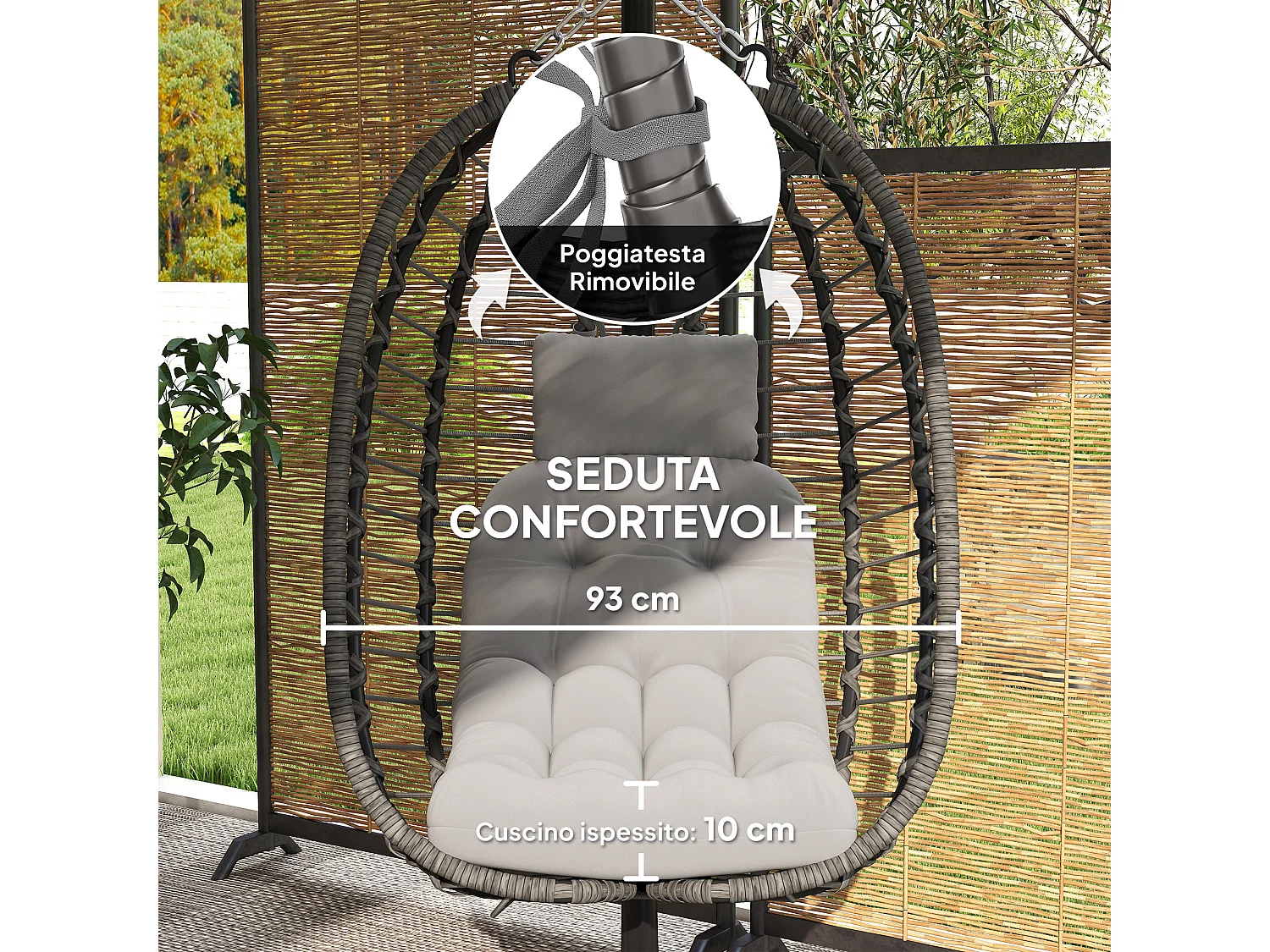 Sedia sospesa a uovo con cuscino e altezza regolabile in rattan grigio