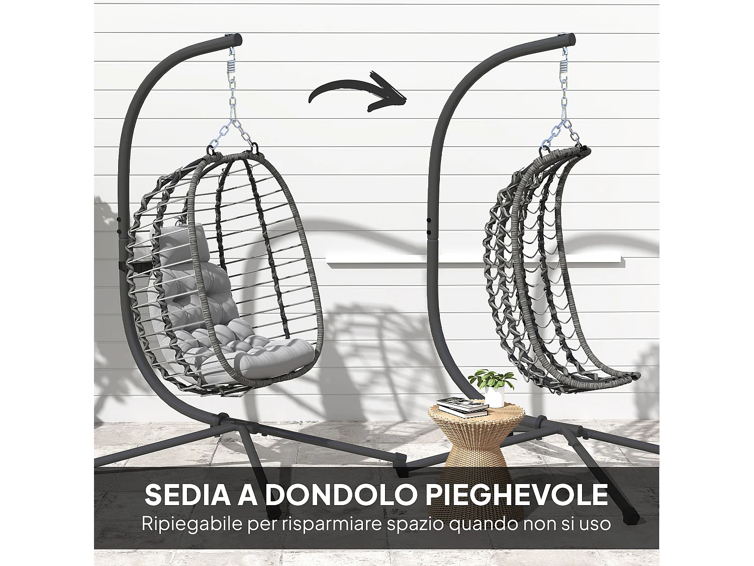 Sedia sospesa a uovo con cuscino e altezza regolabile in rattan grigio