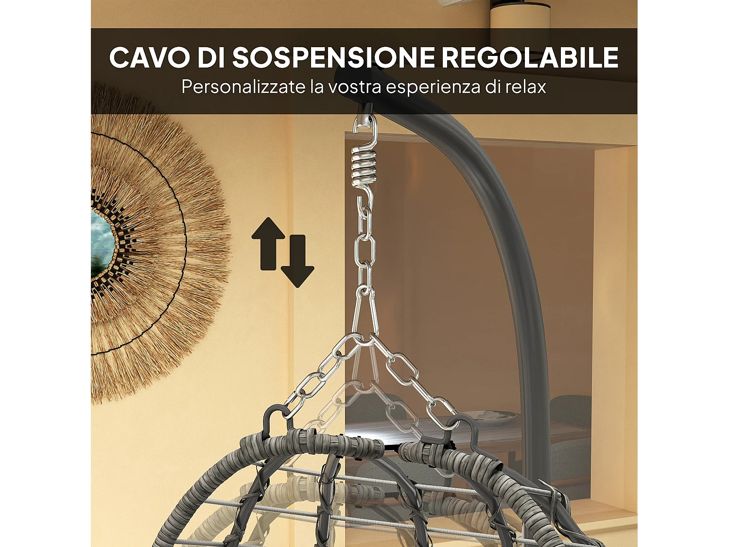Sedia sospesa a uovo con cuscino e altezza regolabile in rattan grigio