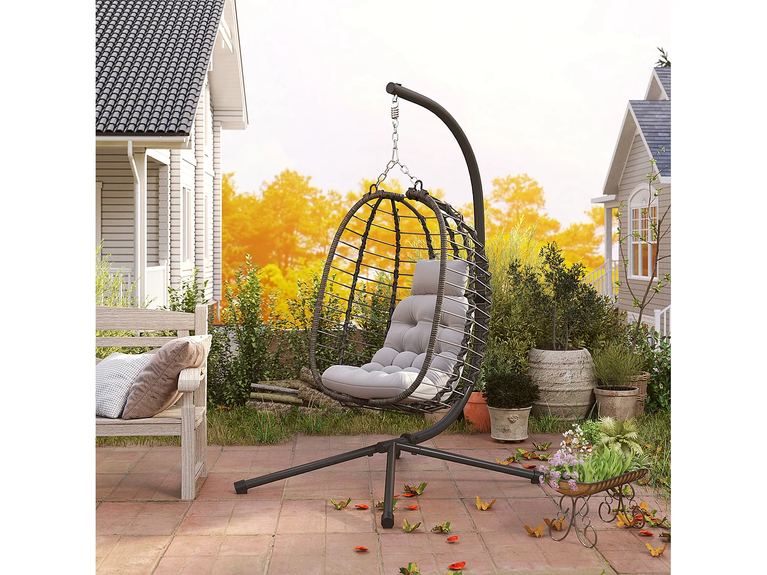 Sedia sospesa a uovo con cuscino e altezza regolabile in rattan grigio