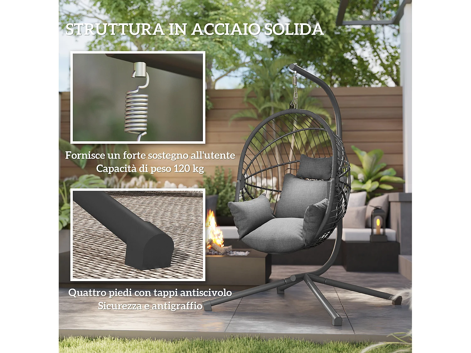 Poltrona sospesa a uovo con cuscino imbottito grigio