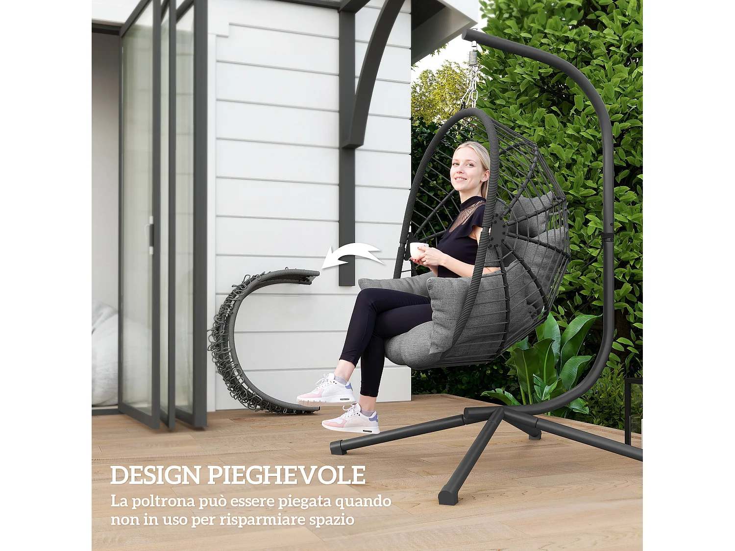 Poltrona sospesa a uovo con cuscino imbottito grigio