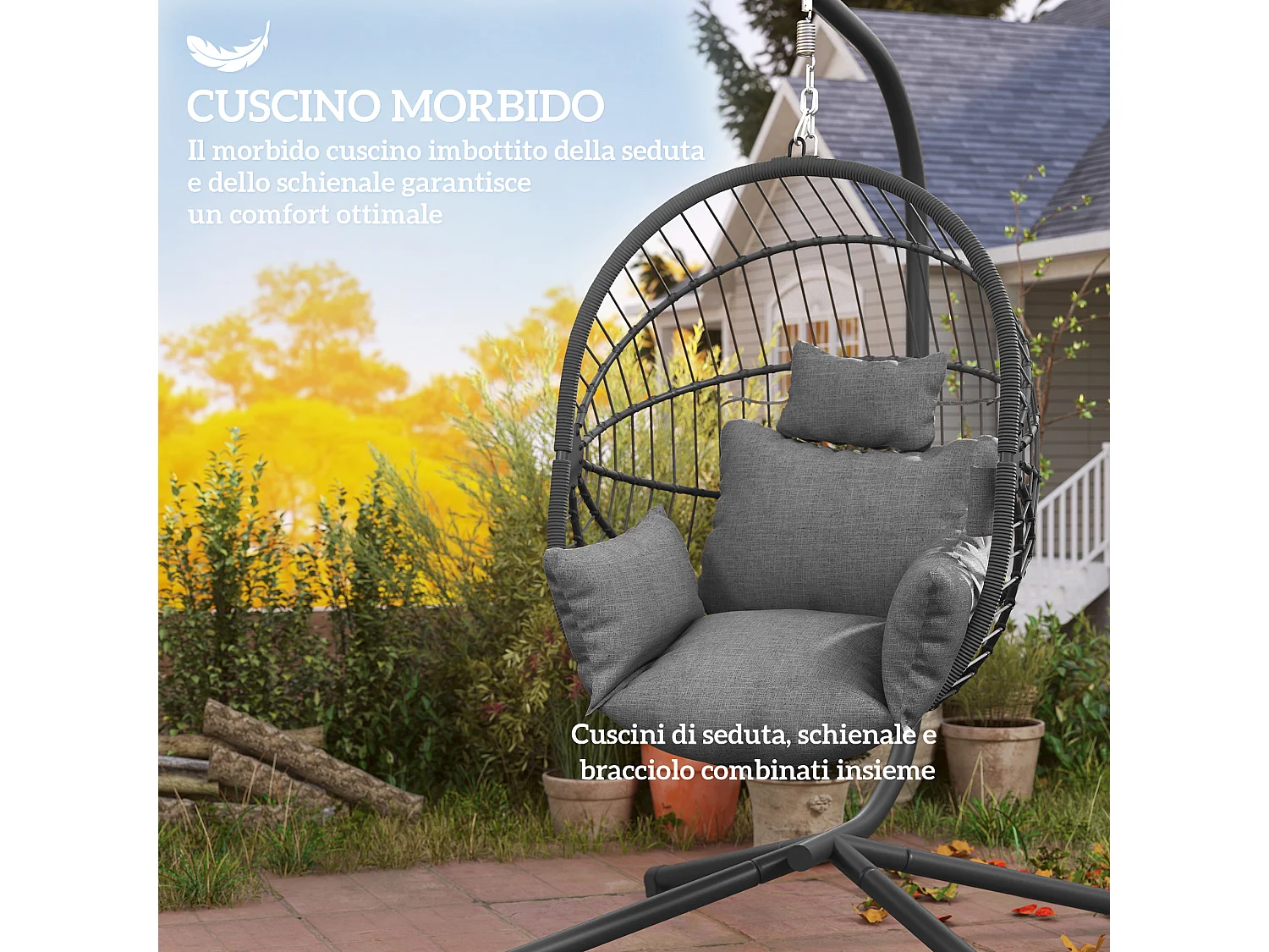 Poltrona sospesa a uovo con cuscino imbottito grigio