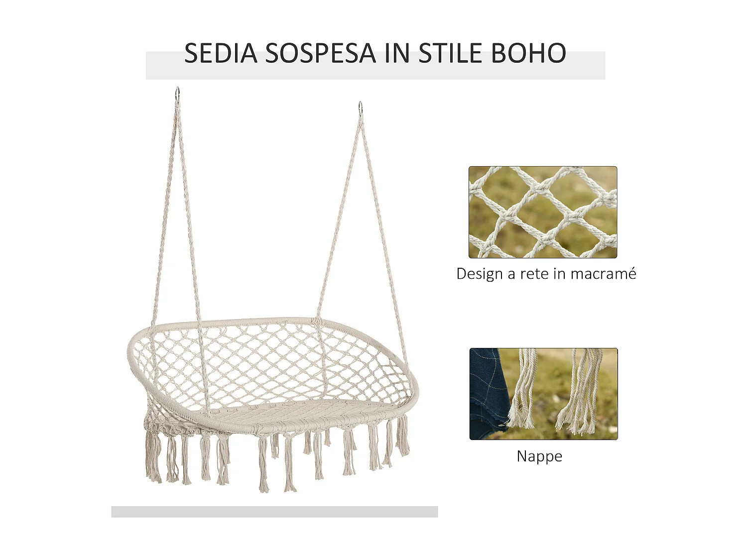 Amaca A Dondolo Da Giardino E Casa A 2 Posti Telaio Metallo E Seduta Cotone 130X75X35Cm Bianco Crema