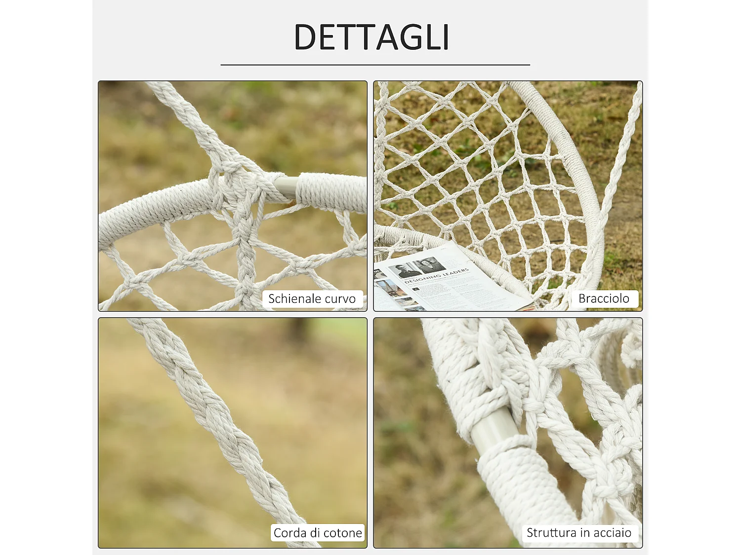 Amaca A Dondolo Da Giardino E Casa A 2 Posti Telaio Metallo E Seduta Cotone 130X75X35Cm Bianco Crema