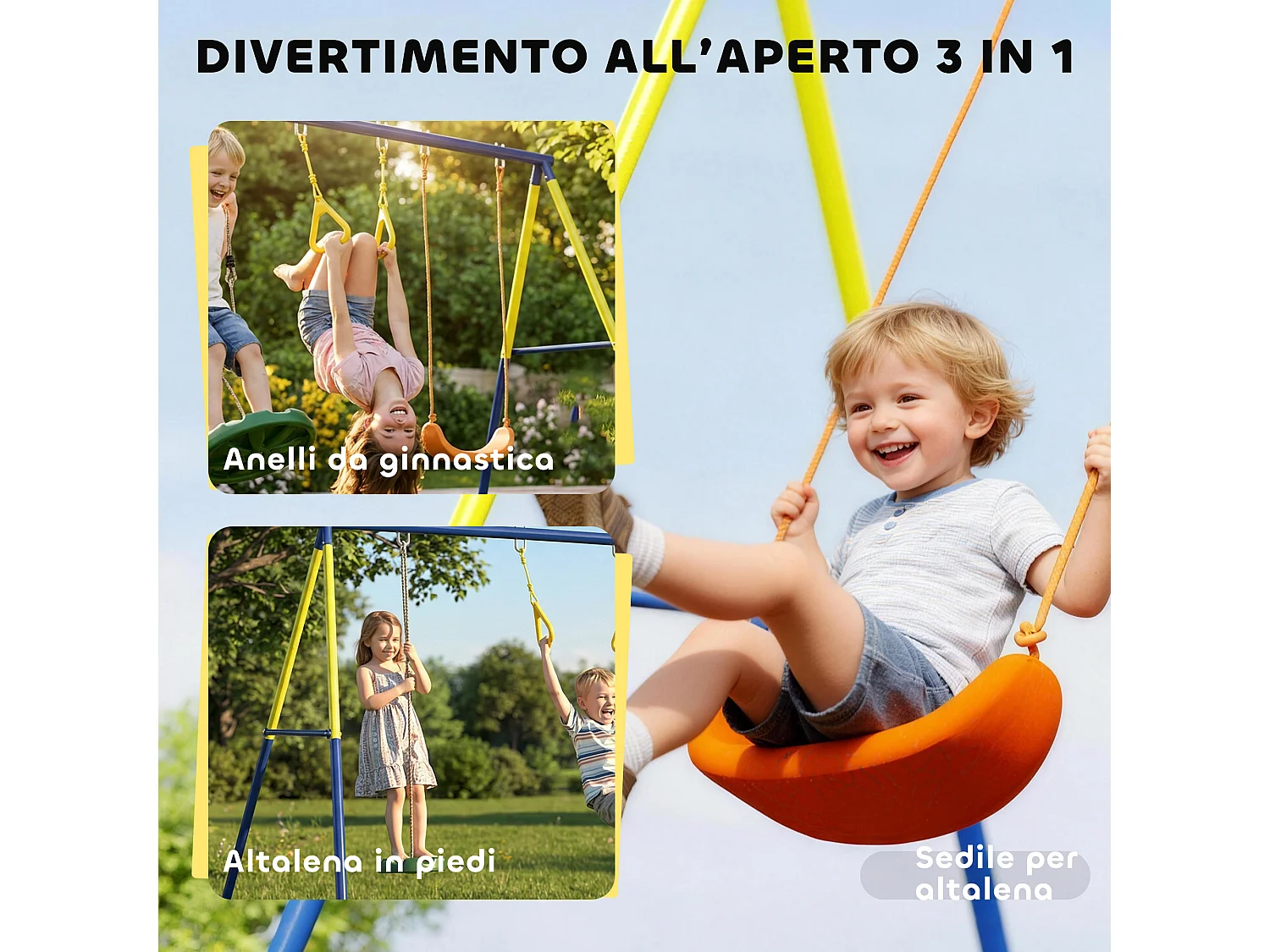 Altalena da giardino 3 in 1 per bambini in acciaio e pe multicolore