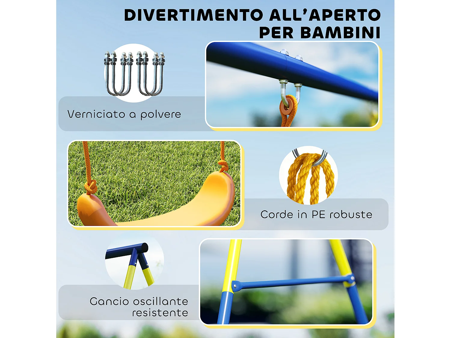 Altalena da giardino 3 in 1 per bambini in acciaio e pe multicolore