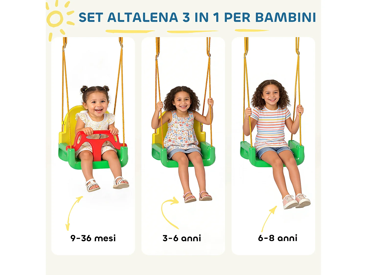 Altalena per bambini con schienale e barriera verde