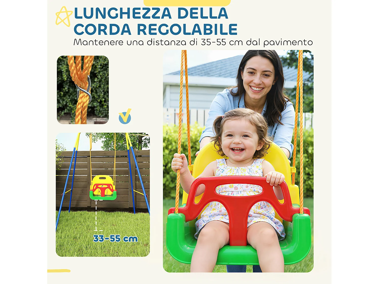 Altalena per bambini con schienale e barriera verde