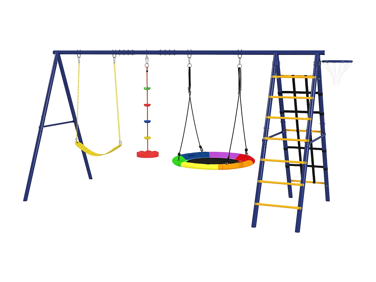 Gioco per bambini con 3 altalene, scala a corda e canestro da basket