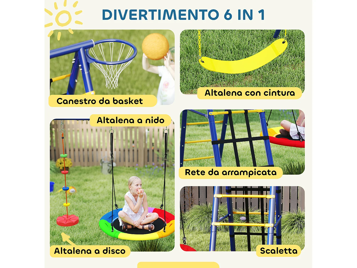 Gioco per bambini con 3 altalene, scala a corda e canestro da basket