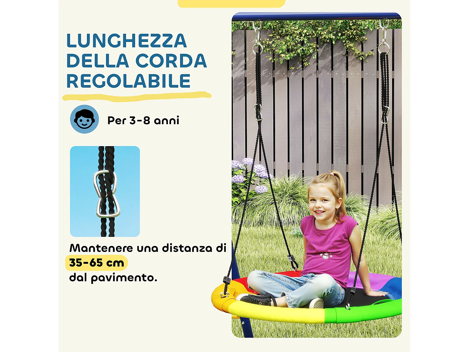 Gioco per bambini con 3 altalene, scala a corda e canestro da basket