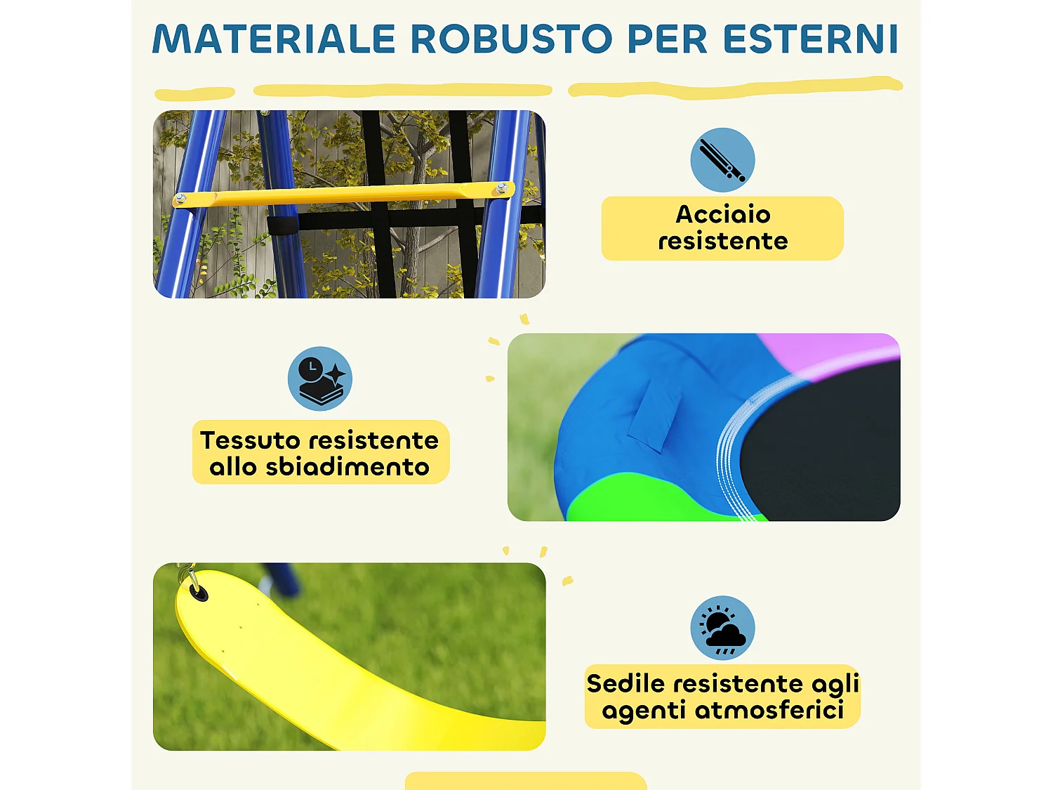 Gioco per bambini con 3 altalene, scala a corda e canestro da basket