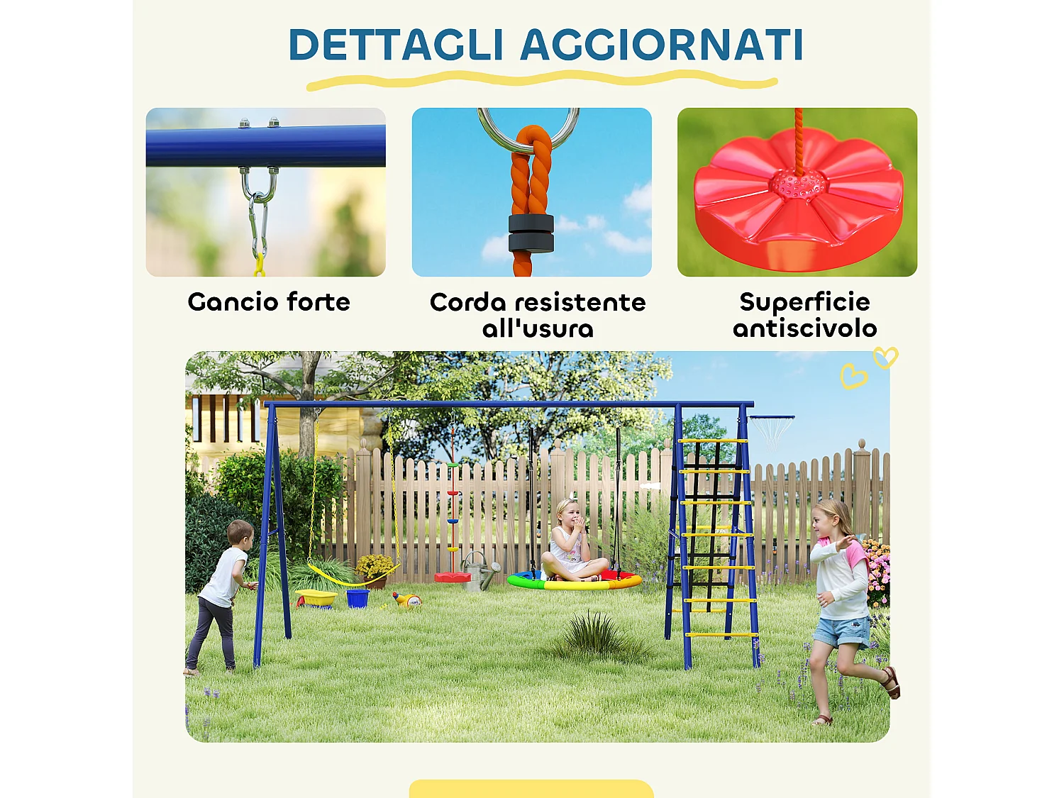Gioco per bambini con 3 altalene, scala a corda e canestro da basket