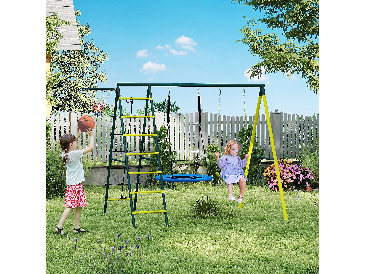 Set 2 altalene con scalette e canestro per bambini 3-8 anni