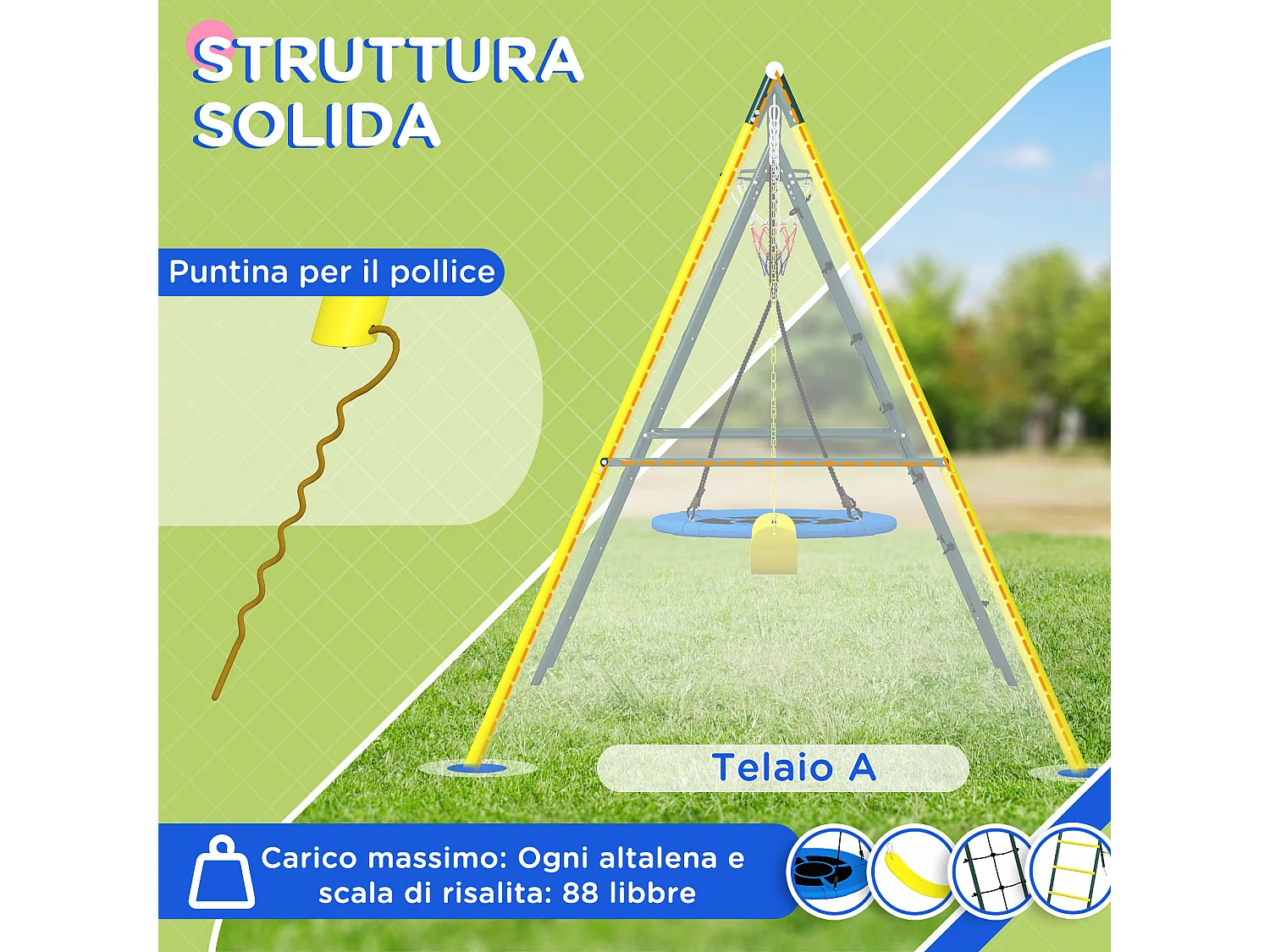Set 2 altalene con scalette e canestro per bambini 3-8 anni