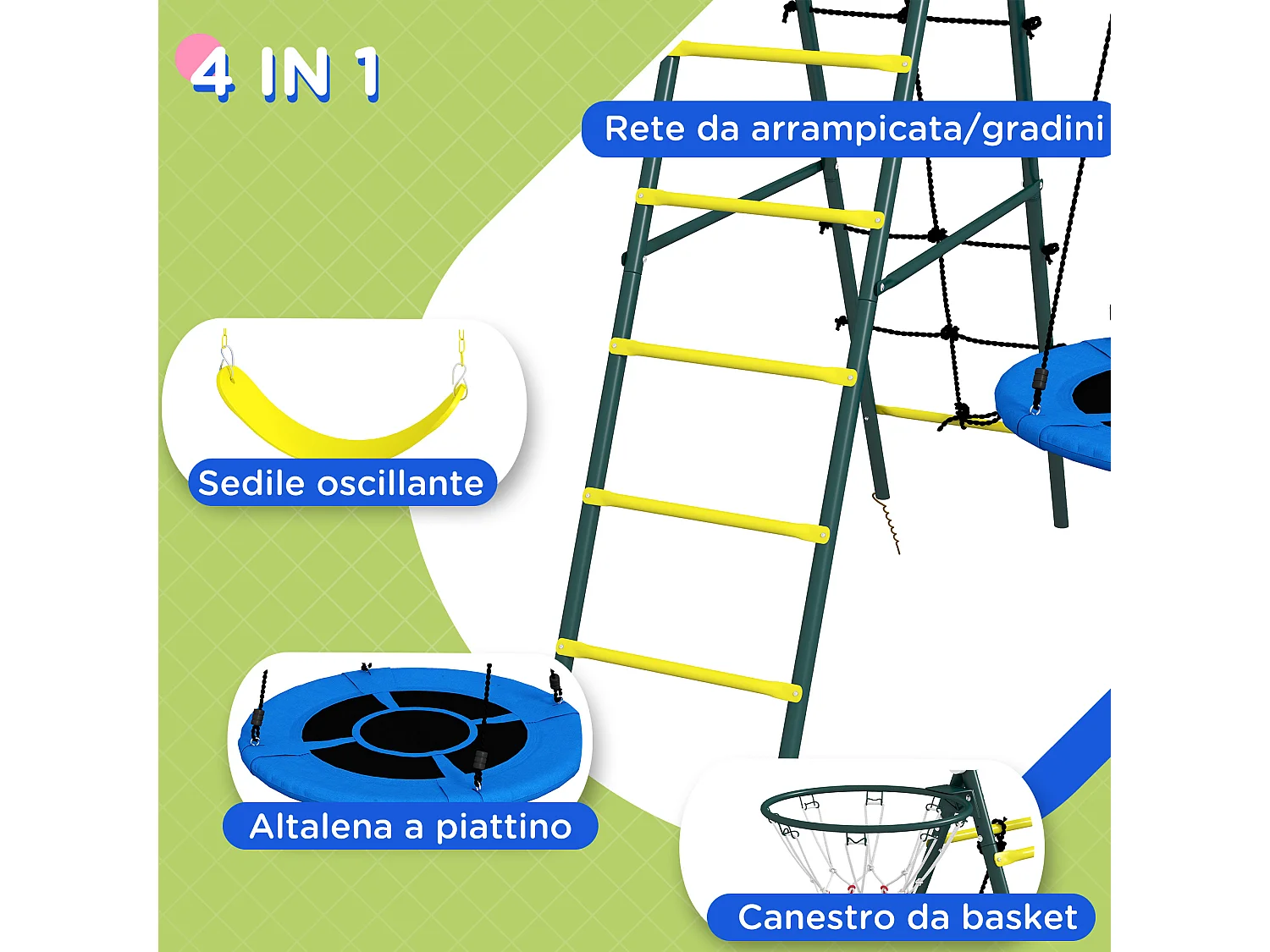 Set 2 altalene con scalette e canestro per bambini 3-8 anni