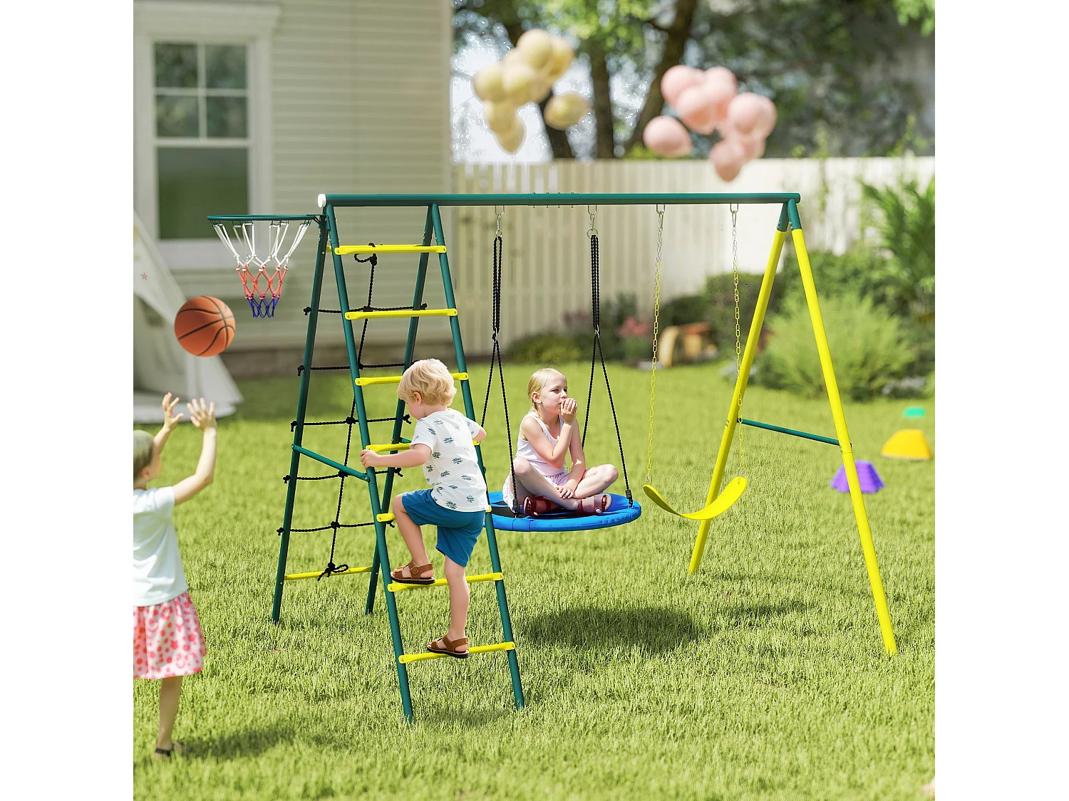 Set 2 altalene con scalette e canestro per bambini 3-8 anni