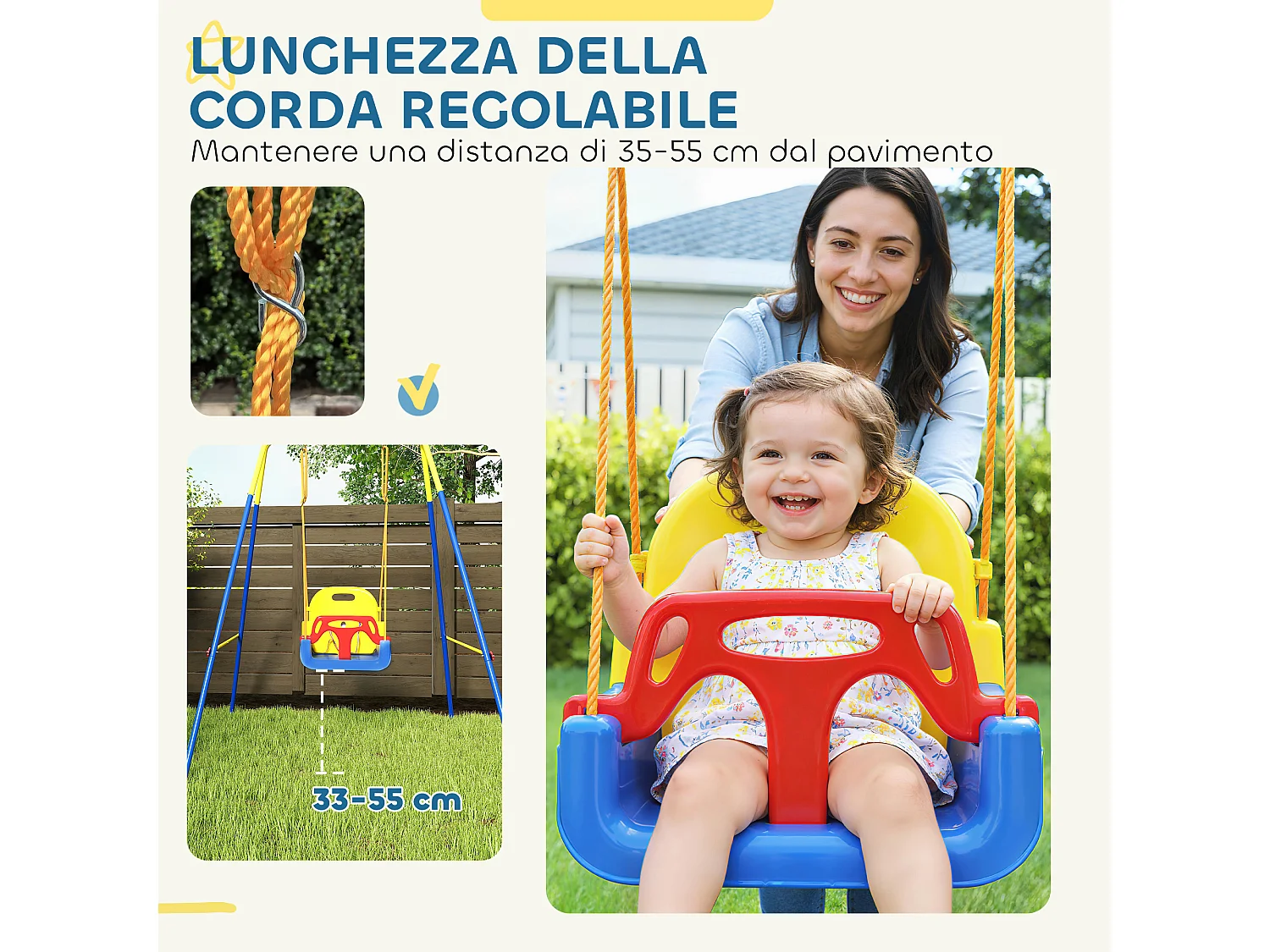 Altalena per bambini con schienale e barriera blu