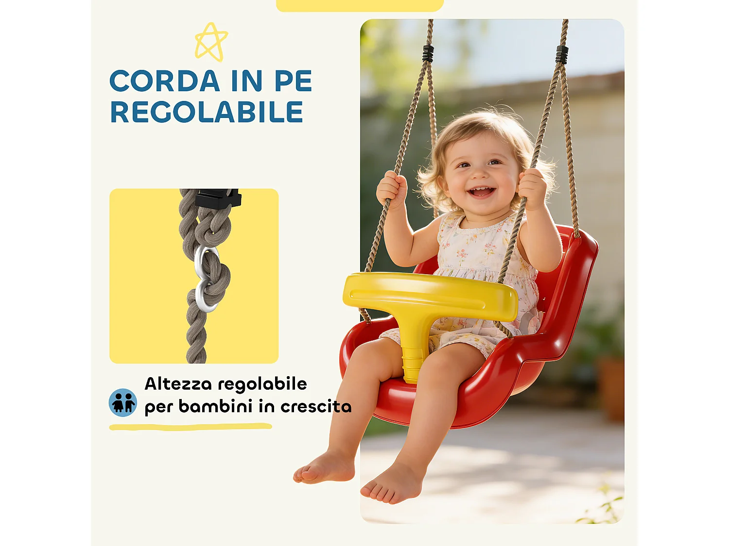 Altalena per bambini 9-36 mesi regolabile in pe rossa e gialla