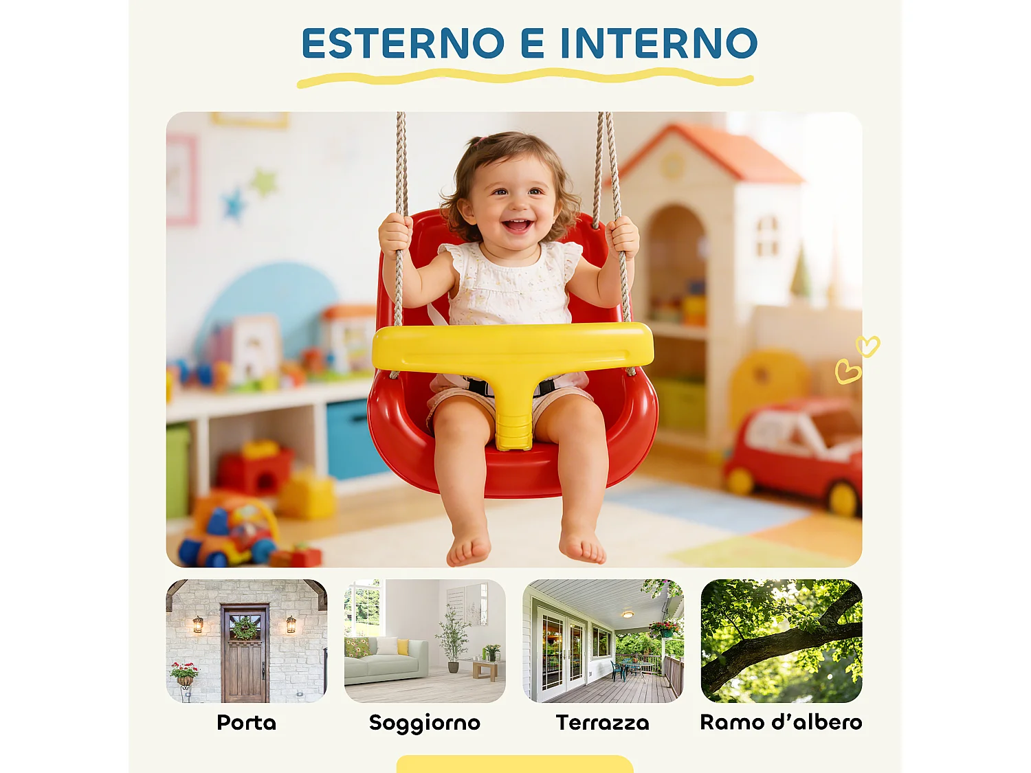 Altalena per bambini 9-36 mesi regolabile in pe rossa e gialla