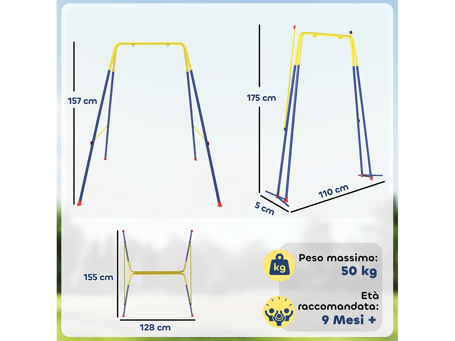 Struttura altalena da giardino con 2 ganci giallo e blu