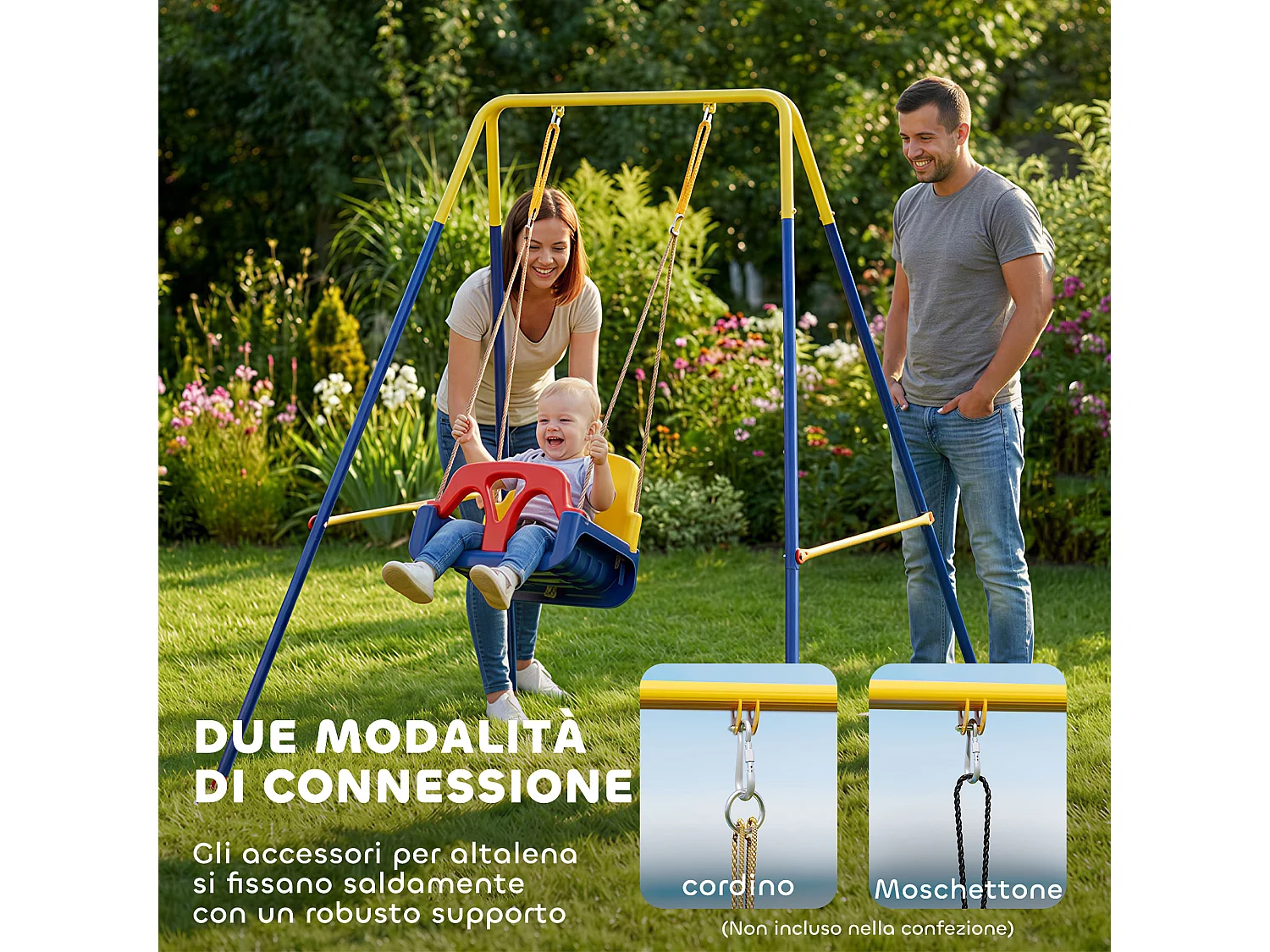 Struttura altalena da giardino con 2 ganci giallo e blu