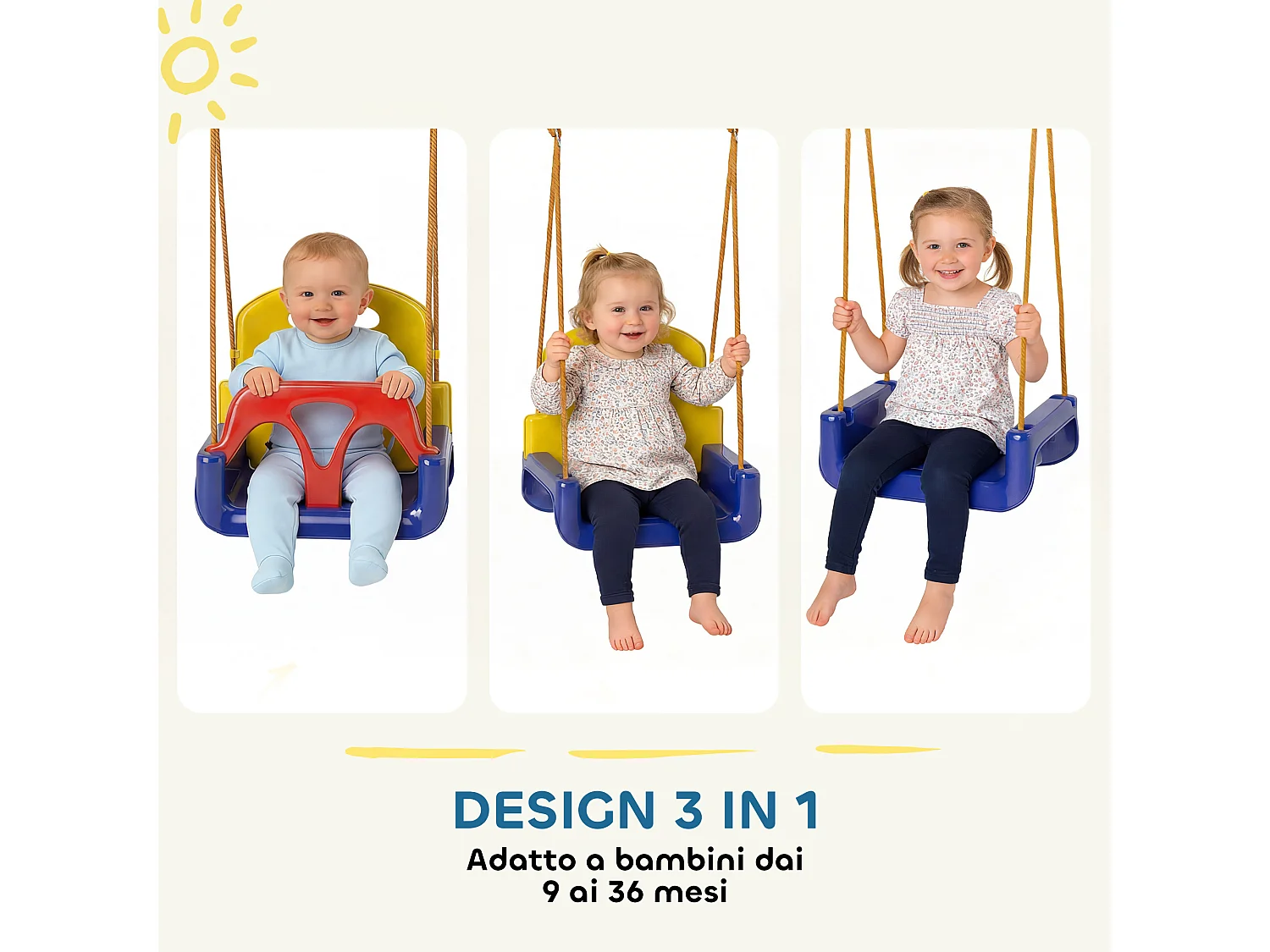 Altalena per bambini 3 in 1 da giardino in plastica blu