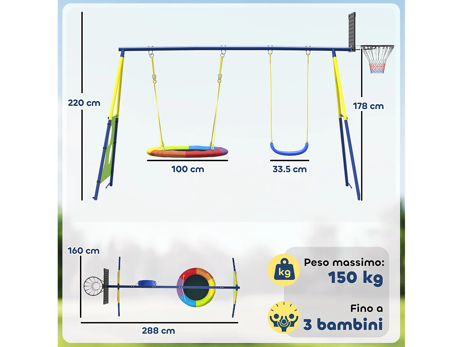Set altalena da giardino per bambini 3-8 anni in acciaio multicolore