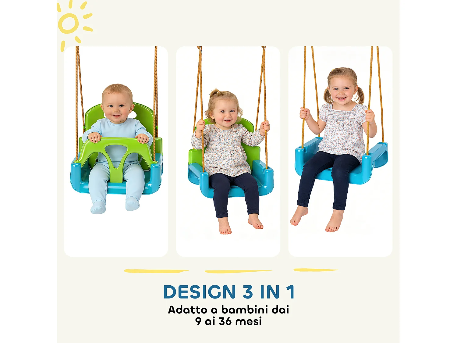 Altalena per bambini 3 in 1 da interno ed esterno plastica verde